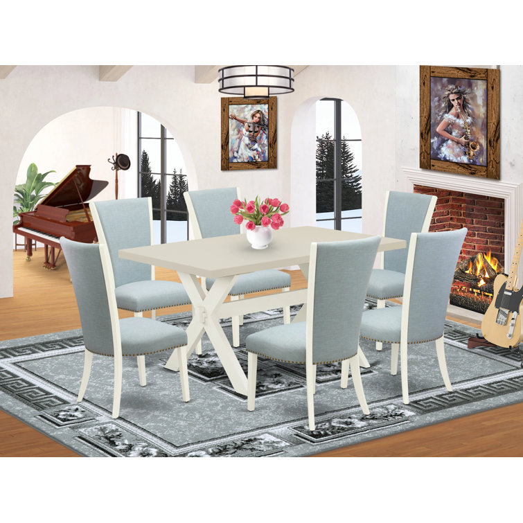 Winston Porter 7 Piece Dining Table Set 6 Baby Blue Linen Fabric Parson Dining Room Chairs with a Dining Table